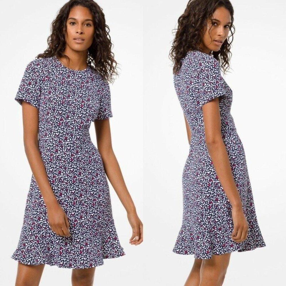 Michael Kors Navy/White Heart ❤️ Printed Flounce Dress Size 10